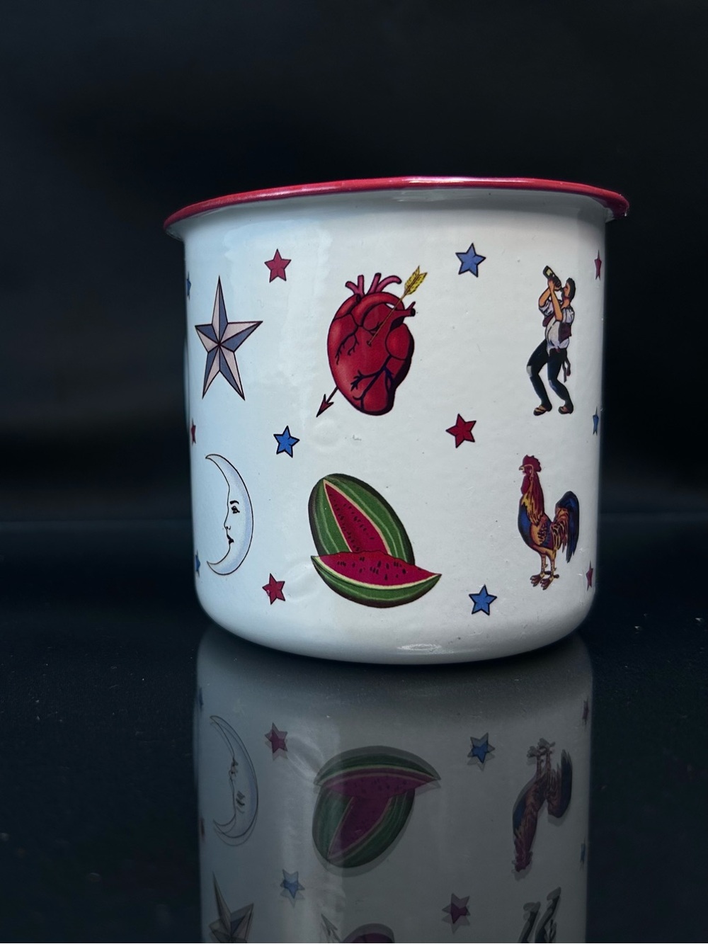 Wajiro Dream Metal Enamel Coffee Mug with Mexican Loteria Tattoo Design 3" Tall - Picture 9 of 16